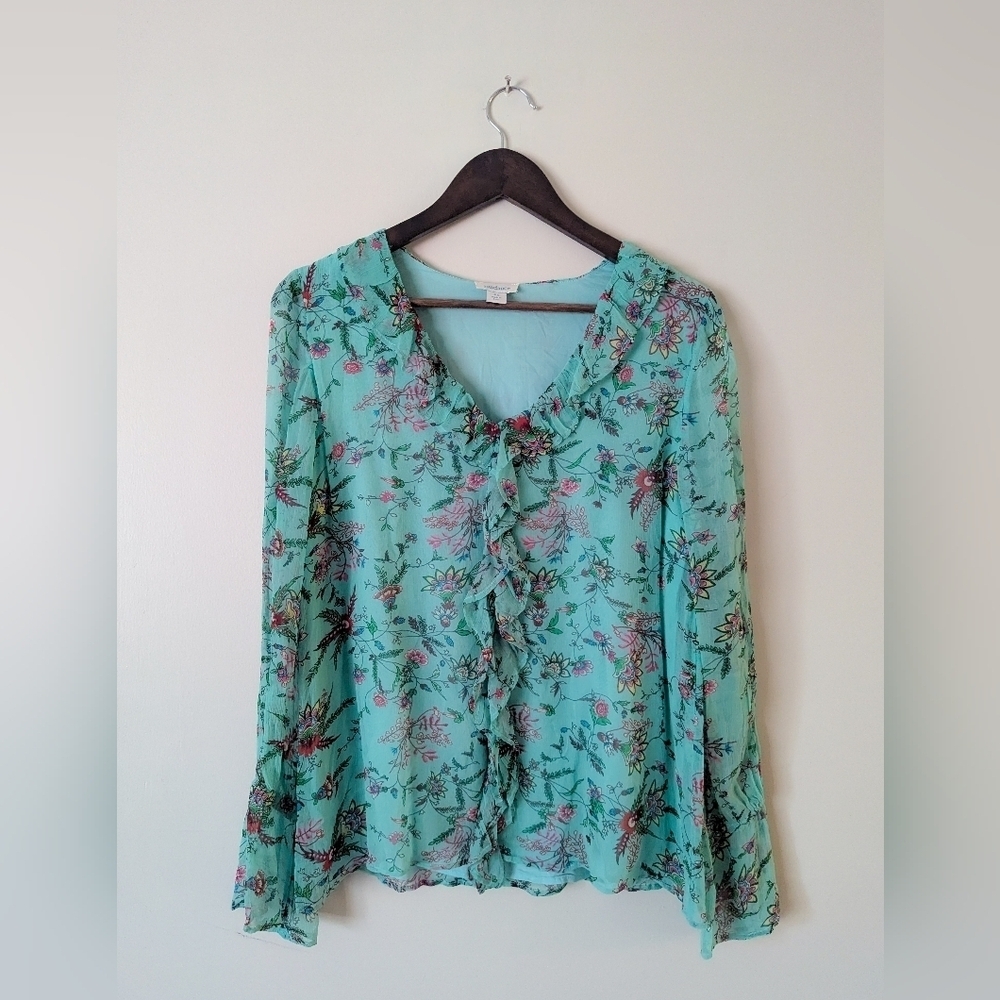 Sundance Colorful Boho Turquoise Floral Ruffle Blouse - Picture 1 of 3